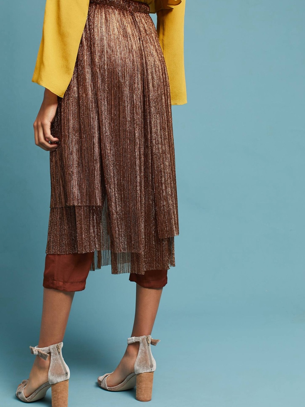 Anthropologie Maeve Metallic Gold Skirt Overlay Pants Size 8 - Picture 3 of 6